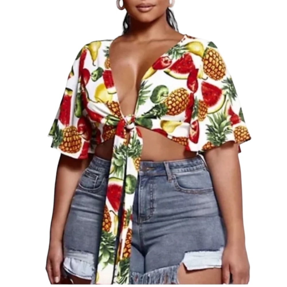 NWT SRV x FTF Elizabeth Tropical Fruit Print Tie Front Crop Top Size 1 (14/16)
